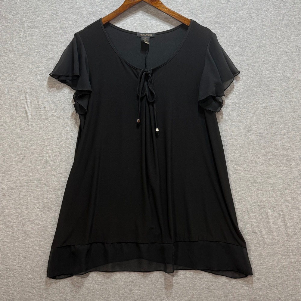 Susan Lawrence Blouse Womens XL Black Sheer Flutter Sleeve Tie Front Whimsigoth